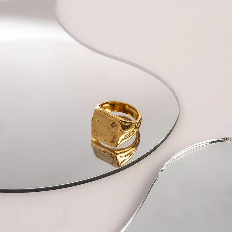 SUMMLY Irregular tin foil pattern crater ring ladies vintage titanium steel 18k gold plated ring accessories