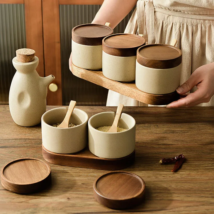 Wholesale high quality ceramic jar vintage home seasoning bottle spice container set with lid scoop wood tray