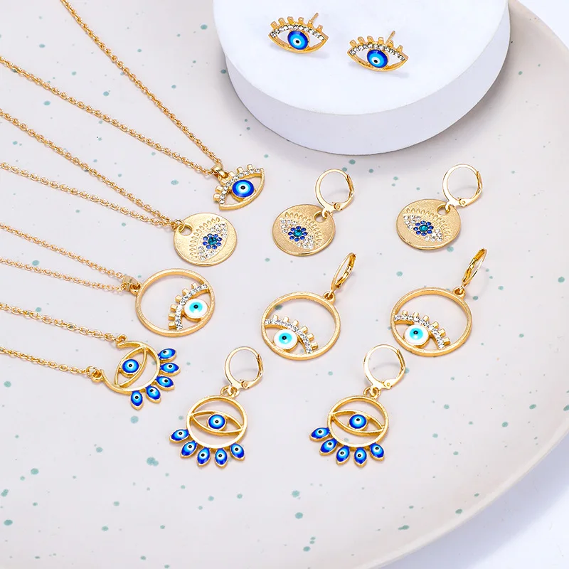 New Fashion Jewelry for Women Gold Plated OIl Dripping Blue Eye Choker Necklace Earrings Evil Eye Jewelry Set