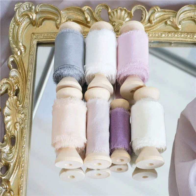 20mm-80mm pure silk crepe habotai frayed edged ribbon hand made for wedding packgaed ribbon