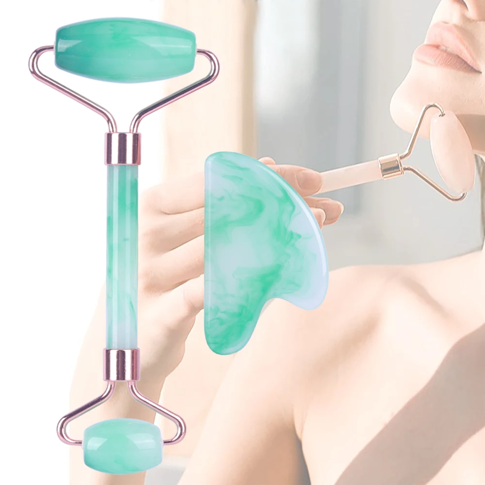 Best Seller OEM Private Label High Quality massage resin jade roller Anti Aging Face SPA Gua sha jade roller set