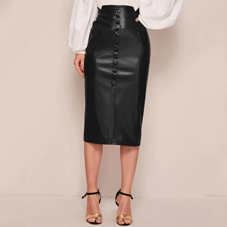 Женская юбка-карандаш средней длины на пуговицах из искусственной кожи