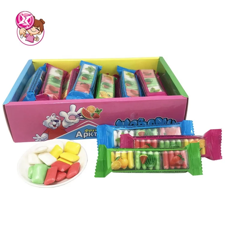 Mini pieces packed with square fruit flavors rainbow of multi-colored bubble gum gum and tattoo stickers