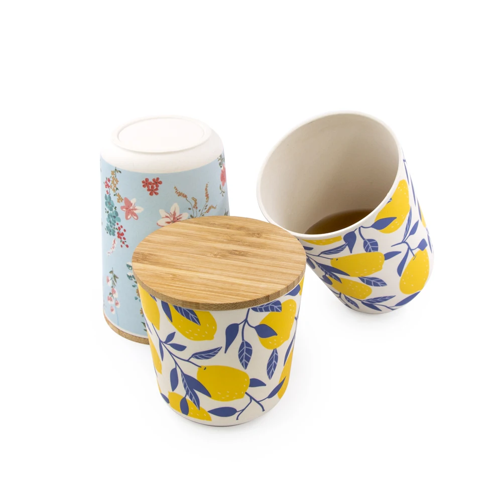 New Products biodegradable Custom pattern bamboo fiber cup storage box cereal container with bamboo lid
