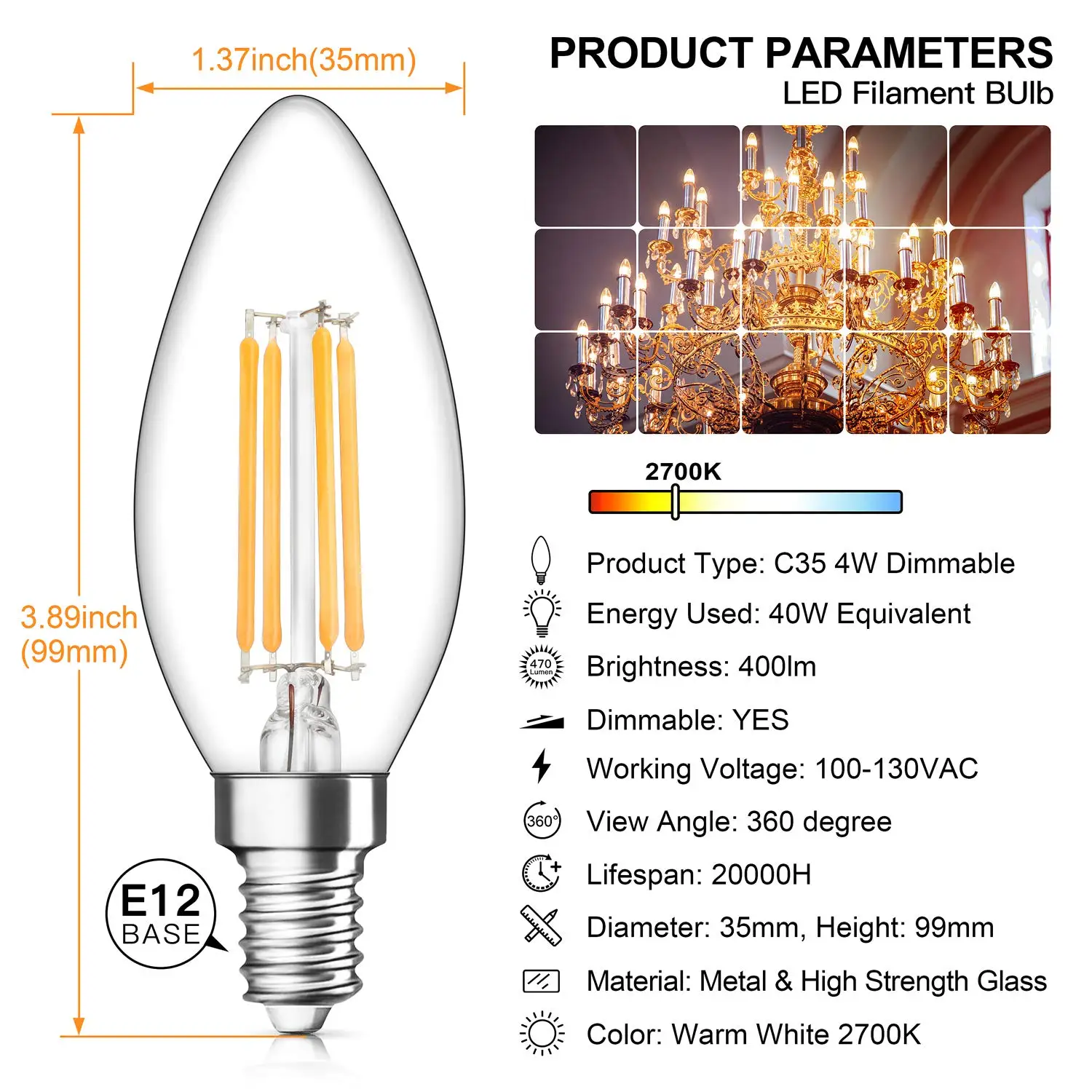 Dimmable 1W 3W 5W 7W E14 E12 Filament C32 LED Candle Bulb