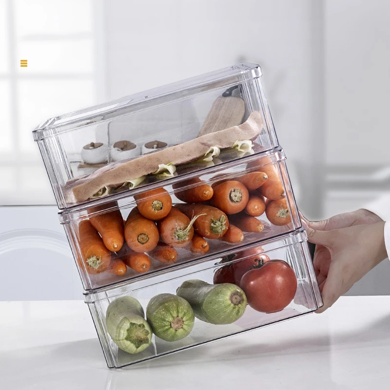 Clear Plastic Freezer Refrigerator Food Storage Box Fridge Storage Containers Stackable Organizer Bins With Removable Drain Tray
