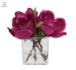 High Quality Customized Artificial Magnolia Flower Floral Arrangement With Square Vase and Water For Home Hotel Decoration