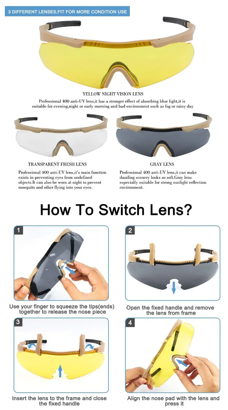 Tactical Glasses Military Goggles Bullet-proof Army Sunglasses with 3 Lens Men Shooting Eyewear Motorcycle