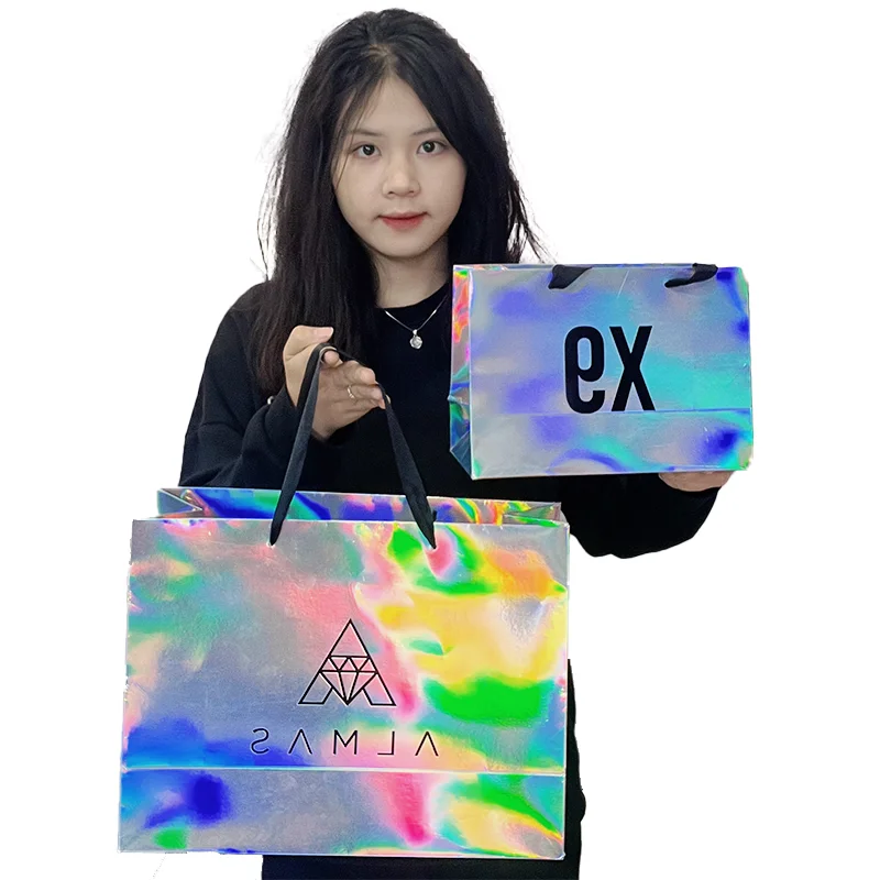 Lipack Waterproof Paper Gift Bag Holographic Shopping Bag With Logo Printed Holographic Shopping Bag With Logo Printed