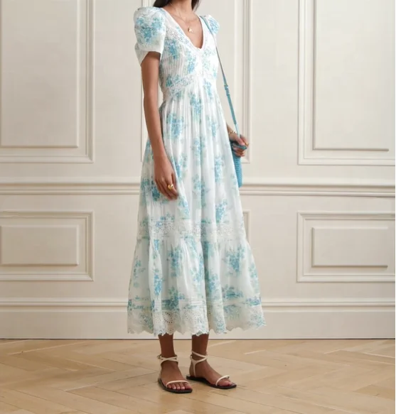 Elegant V-neck tiered silhouette floral bouquets vintage lace-trimmed floral-print cotton midi women dress