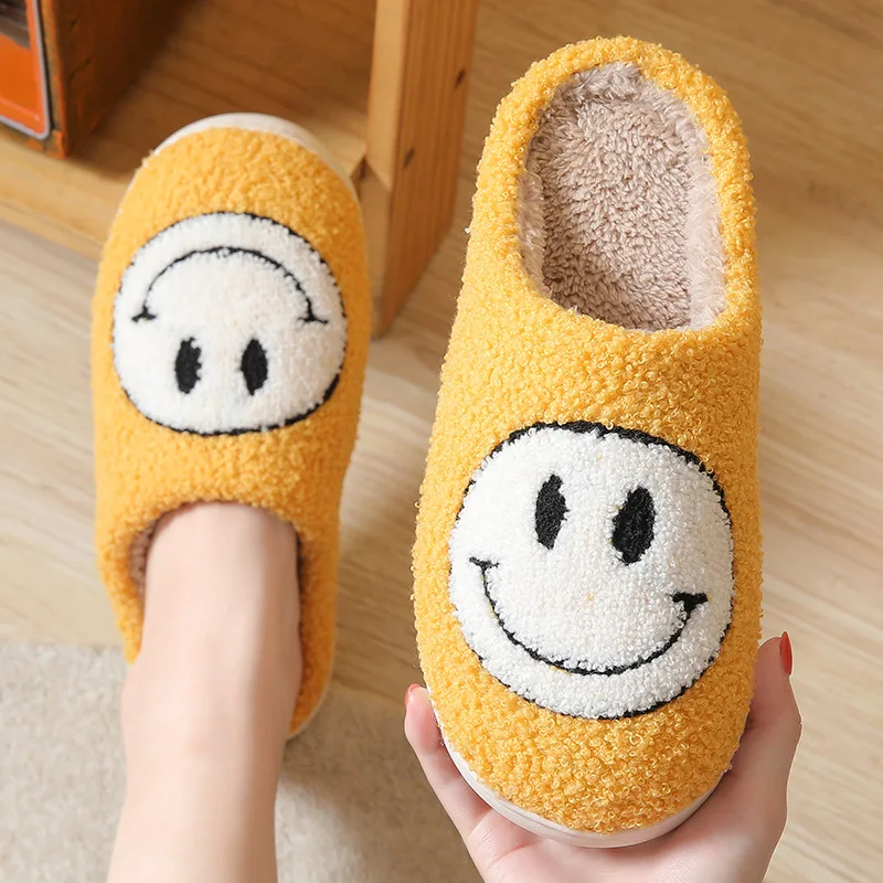 Unisex Winter Smiley Face Pattern Home Slippers Indoor Flat Warm Happy Face House Slides Cute Slippers