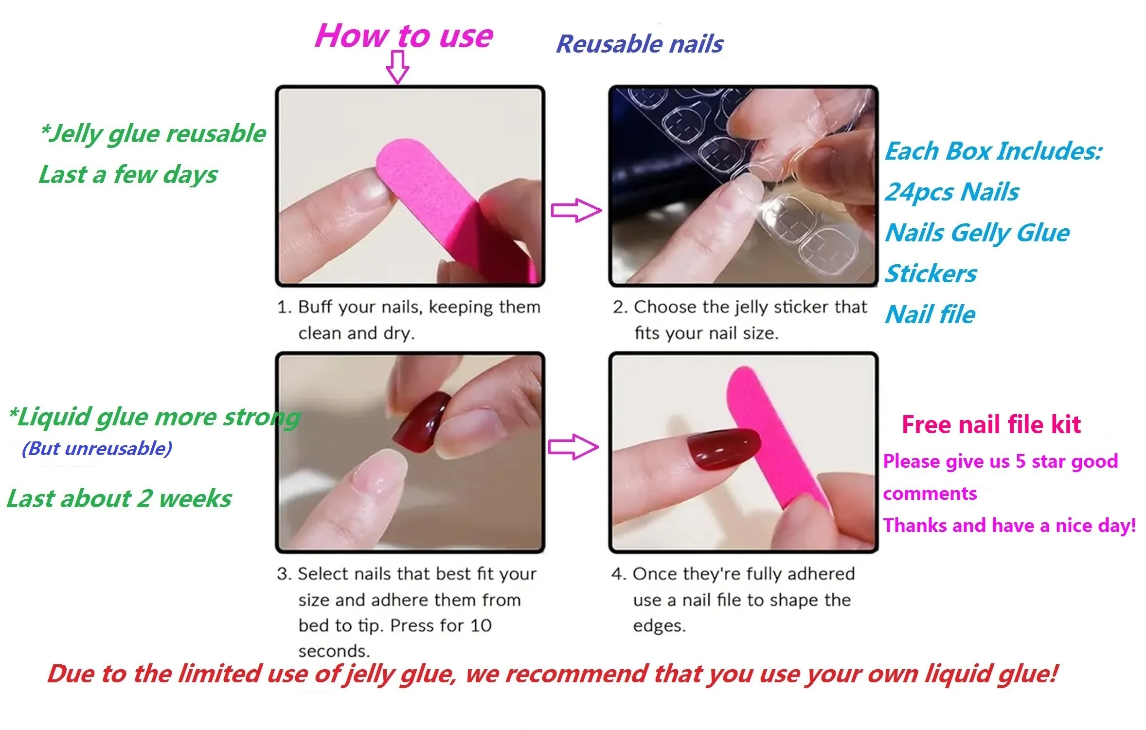 24 Pcs Press on Nails Set Medium Almond Fake Nails with Glue Kit Pink White Gradient False Nails Designs Acrylic Tips for Women