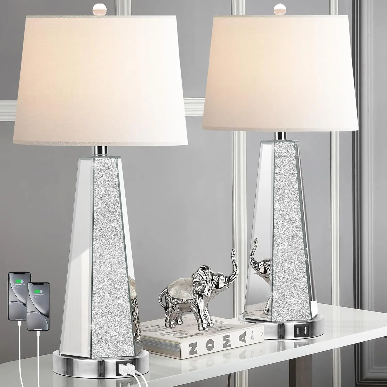 Modern Silver Living Room Desk Lamps Mirrored Glass Bedside Table Lamps for Bedrooms with 2 USB Ports