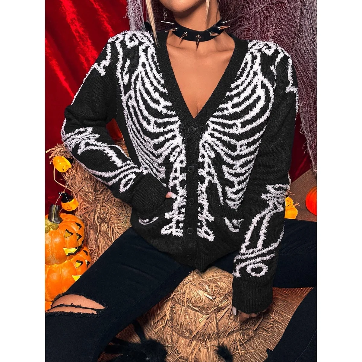 Halloween Knitwear Women Cardigan Button Sweater Skeleton Cropped Halloween Vintage Sweater Cardigan