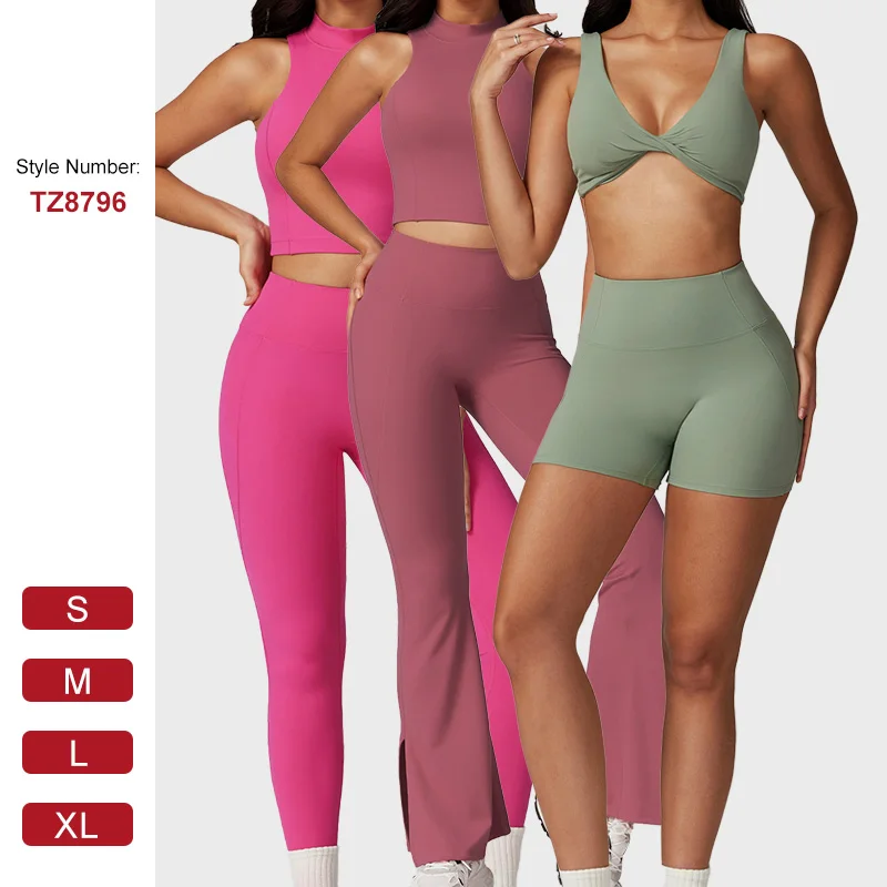 TZ8796 yoga 6 pcs sets Quick dry tight fitness vest bra tennis skirts set high waist flare pants sports set Outdoor Gym Wear