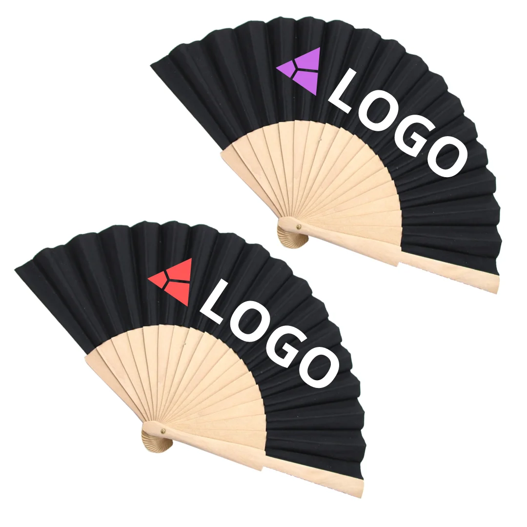 23cm Wholesale Customized  Wooden Fabric Contton Fabric Wood Handle Folding Fan for EU Market Promotion