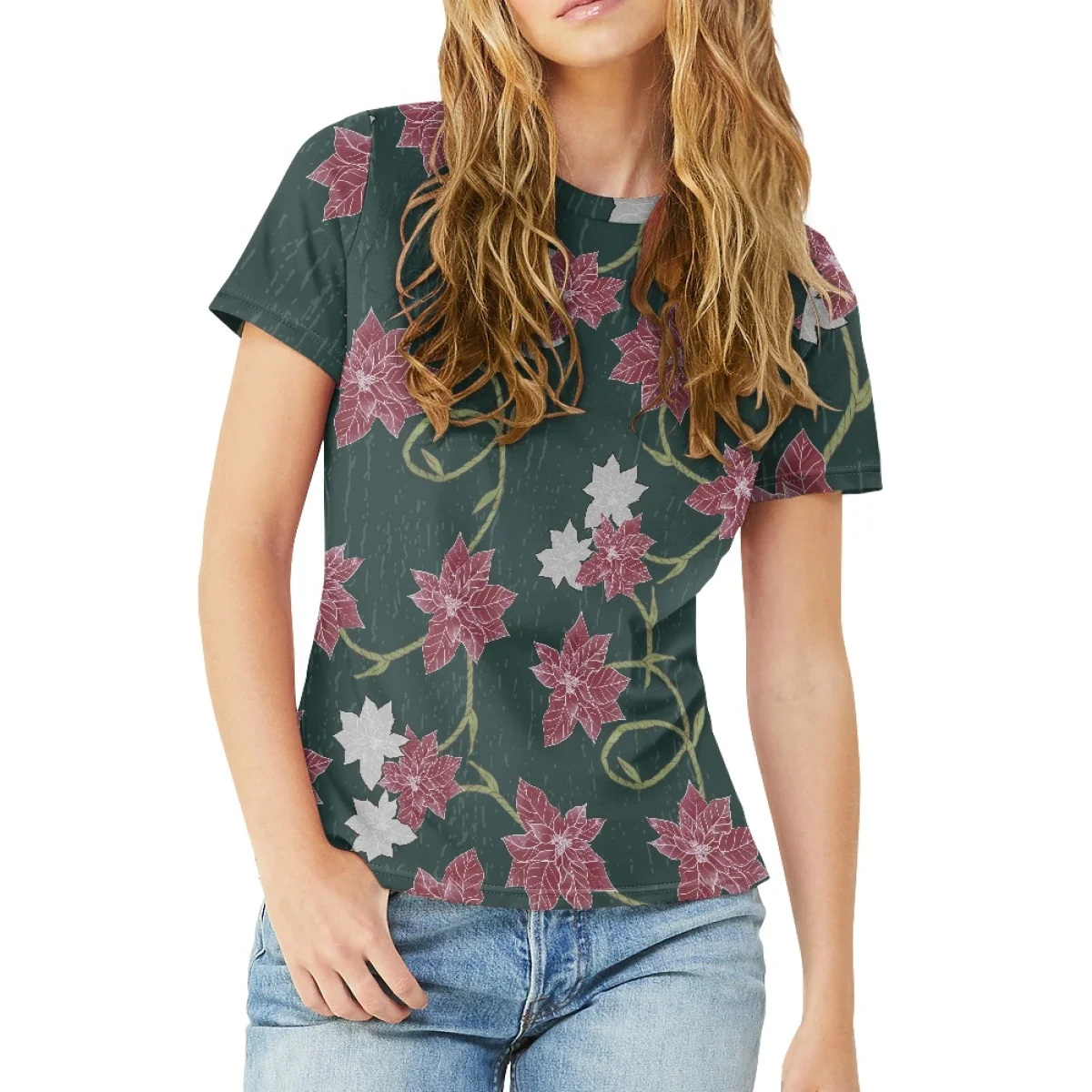 New Design Custom Fashionable Versatile Kalikimaka Flower Print Ladies Round Neck T-Shirt Custom Summer Clothing Women T-Shirts