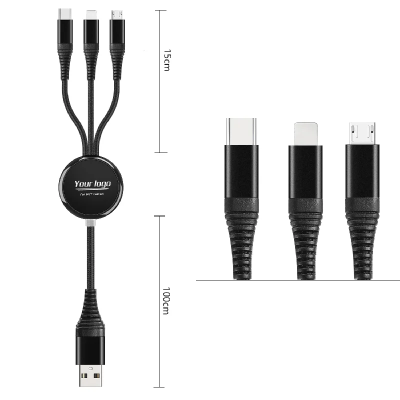 High Quality Multifunction 3 In 1 Fast Charging Led Usb Charging Cable For Business Promotional Corporate Company Gifts