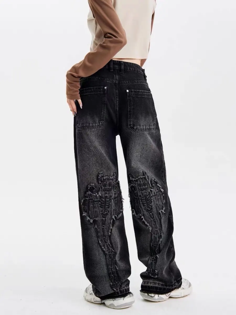 Streetwear Mans Washed Baggy Jeans Back Bat Embroidery Patches Sun Fade Denim Pants For Women