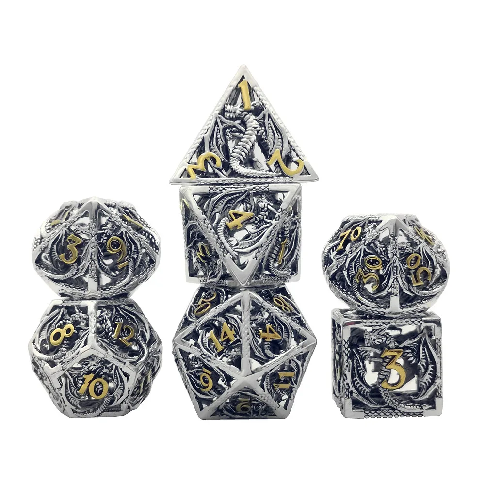 Hot Sale 7 Pieces Metal Hollow Dragon Dice Antique Copper Gold Brass Shiny Silver Rainbow Ntitanium Metallic Dice