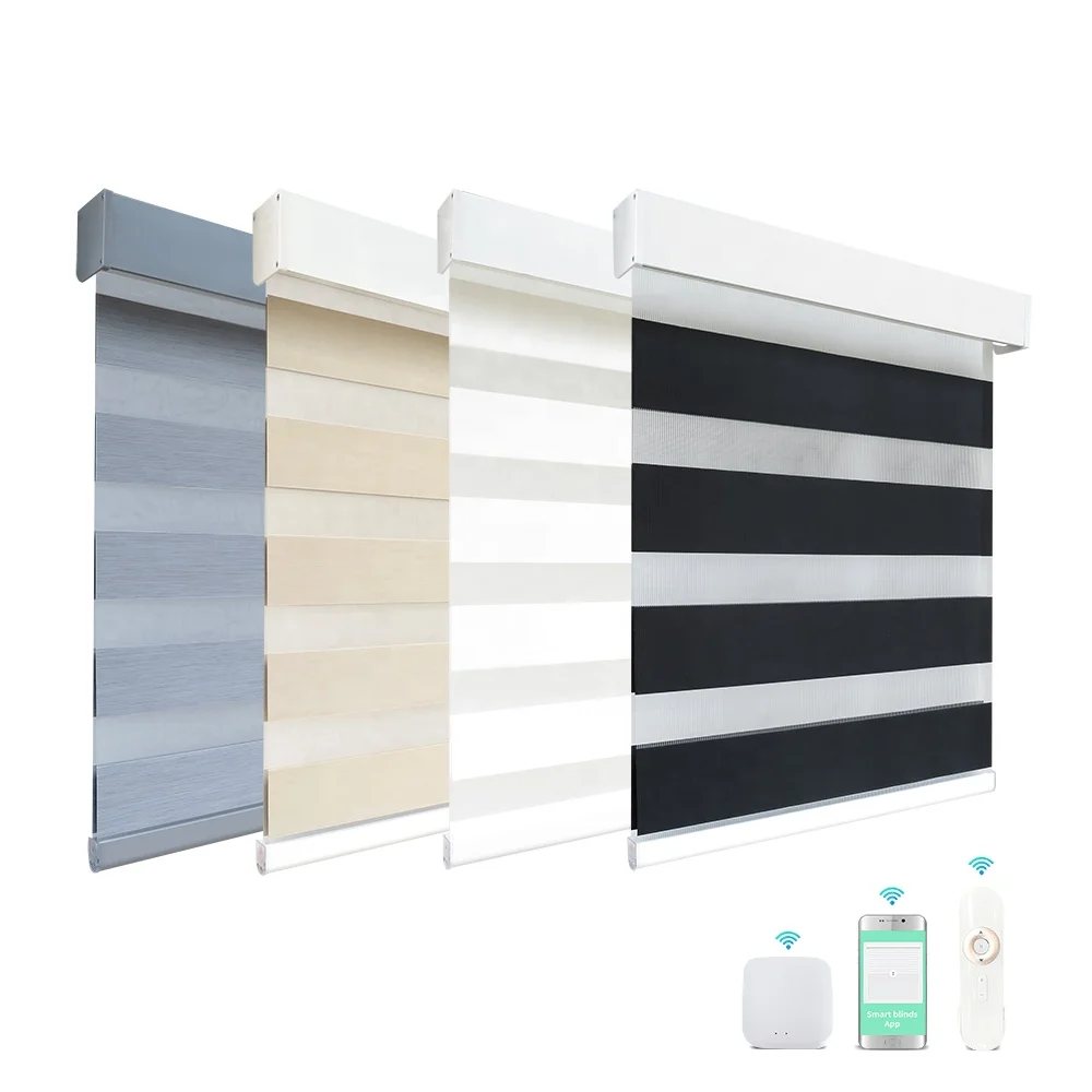 Dual Layer Blackout Smart Waterproof UV Proof Wifi Tuya Controlled Battery Operated Automatic Motorized Zebra Blinds for Window