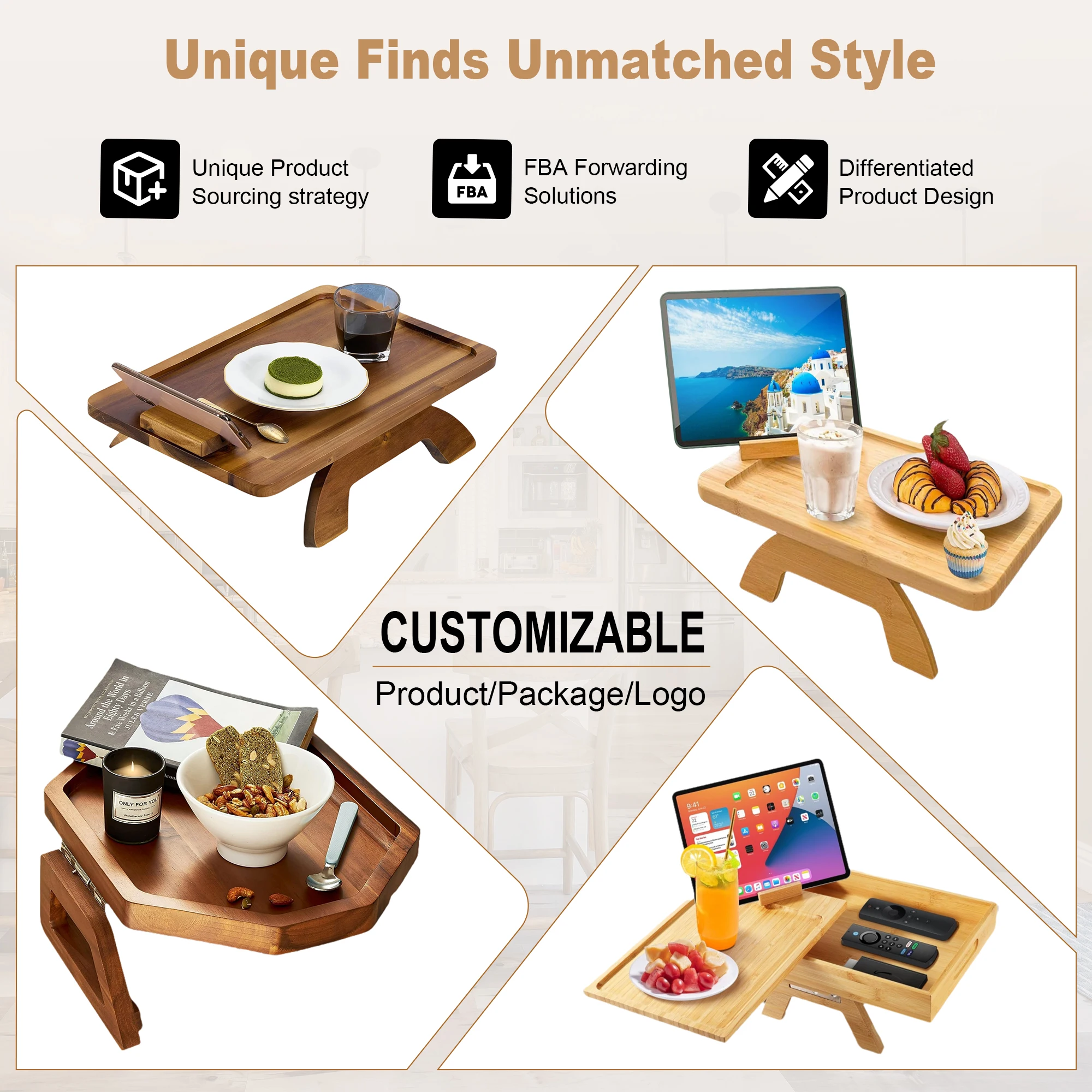 Customized 2 in 1 anti-slip detachable bamboo sofa armrest tray couch arm foldable cup holder for drinks remote snack phone