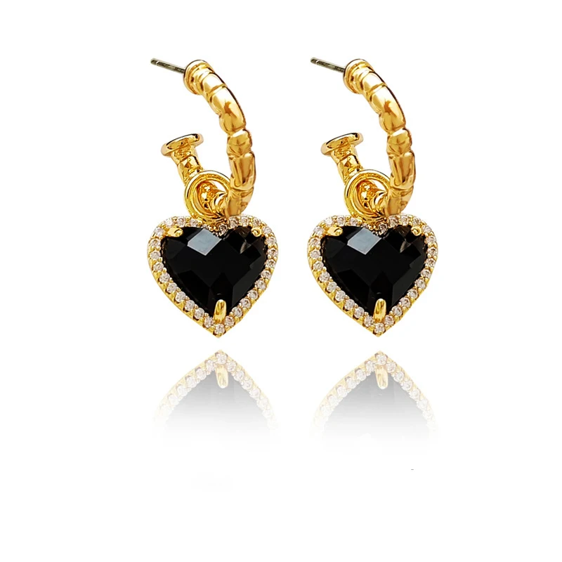 S925 post fashion earrings jewelry Vintage Fashionable 18K Gold Plated Black Agate Heart Diamond Hoop Earrings Women