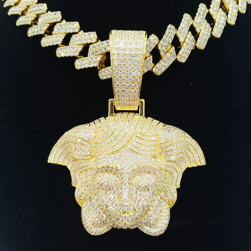 Luxury men cuban chain necklace iced out gold plated medusa diamond hip hop pendant necklace