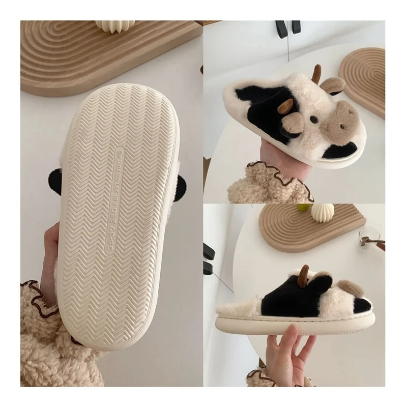 Nicecin OEM Korean Inside White Sublimation Warm House Indoor Plush Cozy Bulk Fuzzy Slides Cow House Slipper