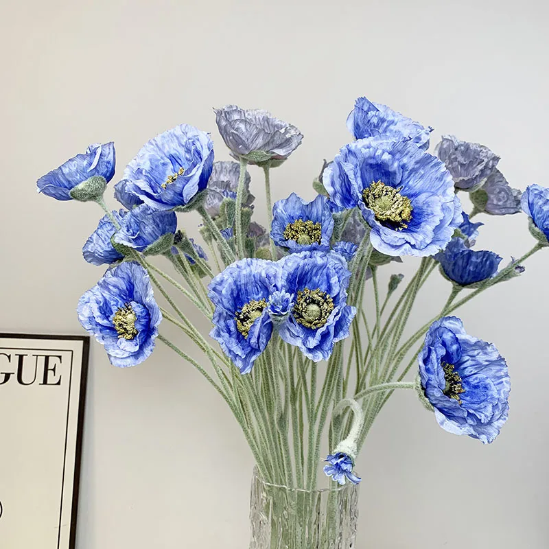 Новый синий Papaver rhoeas Флокирование Rhoeas настоящий на ощупь Шелковый Искусственный Мак цветы для цветочной композиции