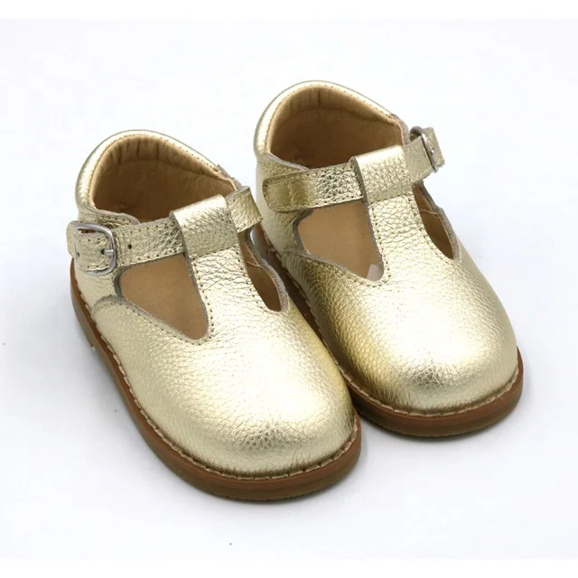 Fashion Buckle Strap Real Leather T-bar Hard Sole Girl Children Dress Shoes
