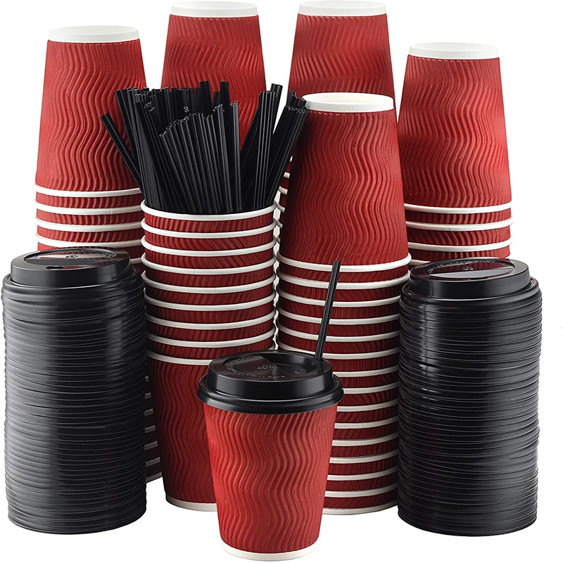 
Custom environmentally friendly recyclable red corrugated insulated kraft disposable paper cup with black lid 