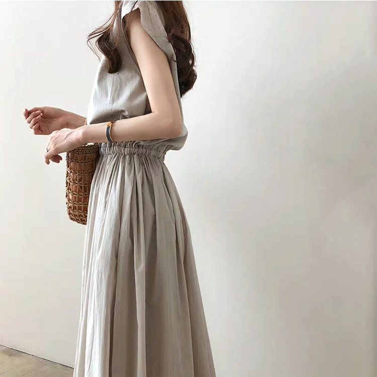 Short Sleeve O Neck Retro Clothes Long Maxi Women  Linen Dress Summer Hot Sale Natural Linen Solid Color