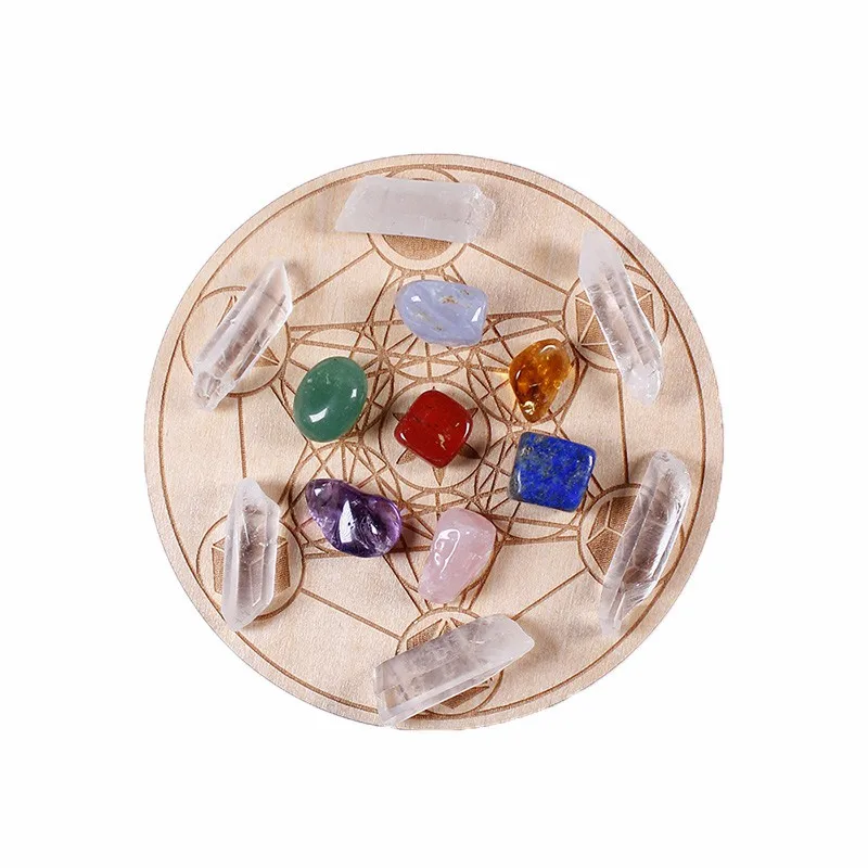 
Sacred Geometry Grid Meditation Natural Healing Reiki Chakra Crystal Mini Crystal Grid Set with Wood Board Fengshui Gift Decor 
