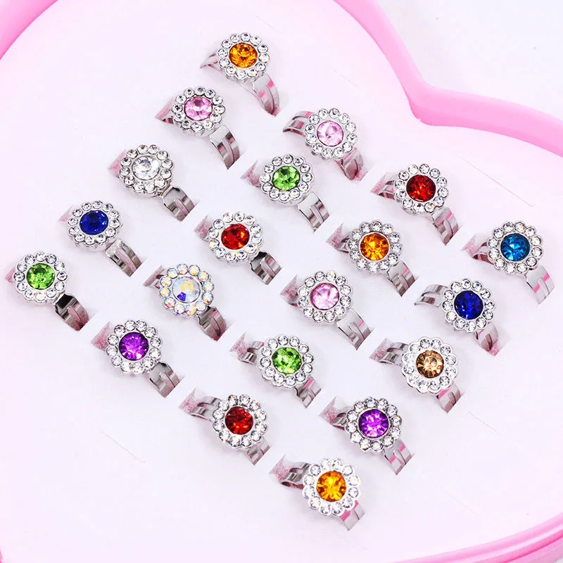 Plastic Cute Cartoon Gift Round Flower Rings for Girls Children Jewelry Crystal Zircon Ring for Kids Gift