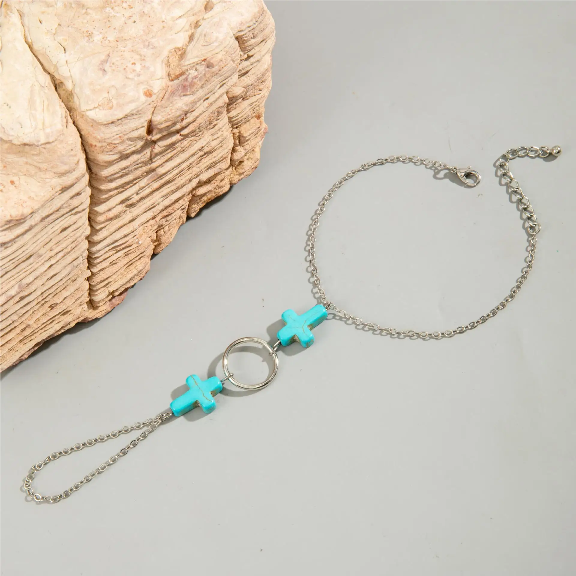 Bohemian Turquoise Cross Toe Chain Simple Design Circle Finger Ankle Jewelry