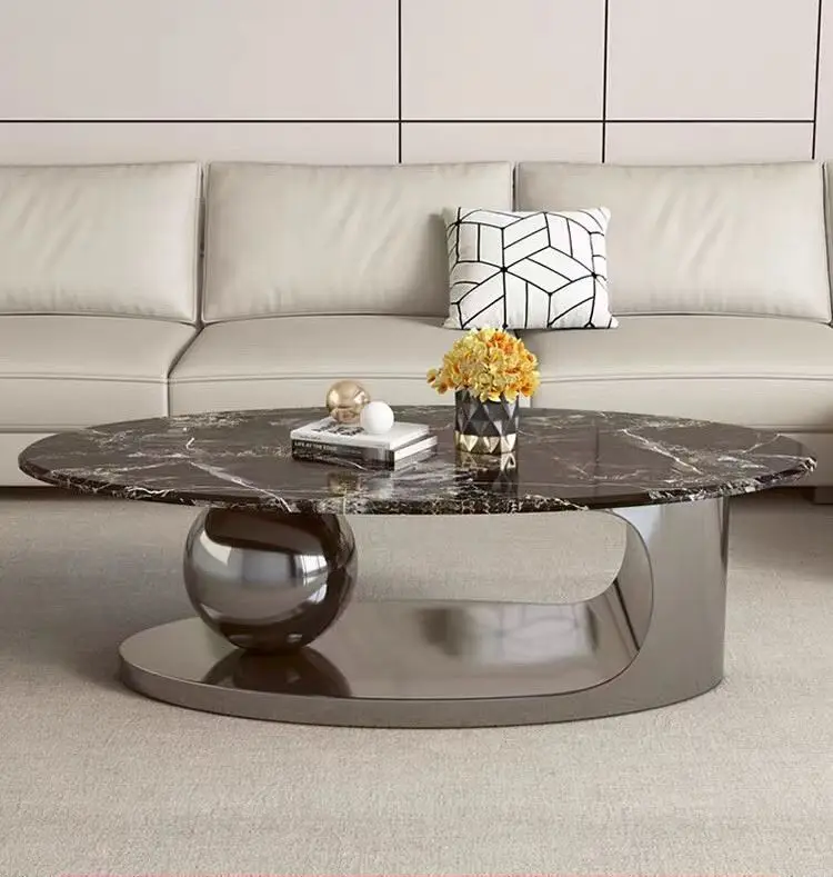 Oval steel coffee table gold dragon pearl tea several black metal base