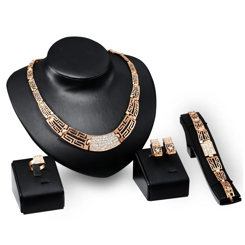 4PCS Diamond Necklace Earrings Bracelet And Ring 18 K Gold Plating Jewelry Sets