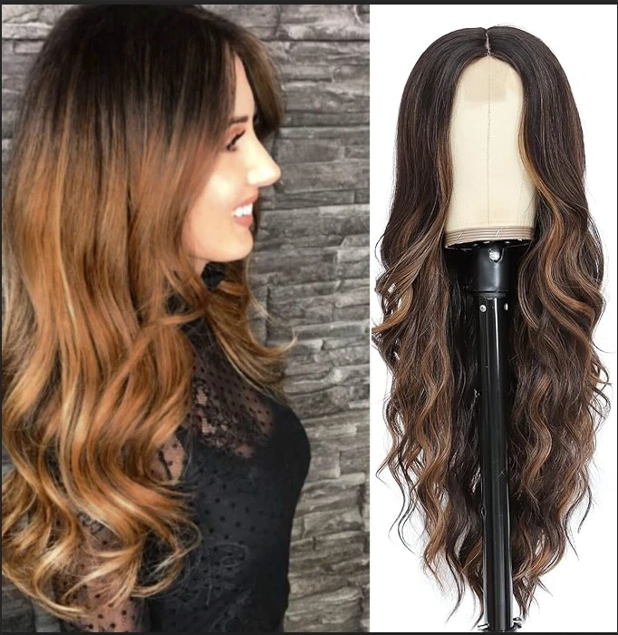 Blonde Wig With Bangs Long Wavy Curly Ombre Wig with Dark Root Synthetic Heat Resistant Fiber Hair for Women Daily Party Use