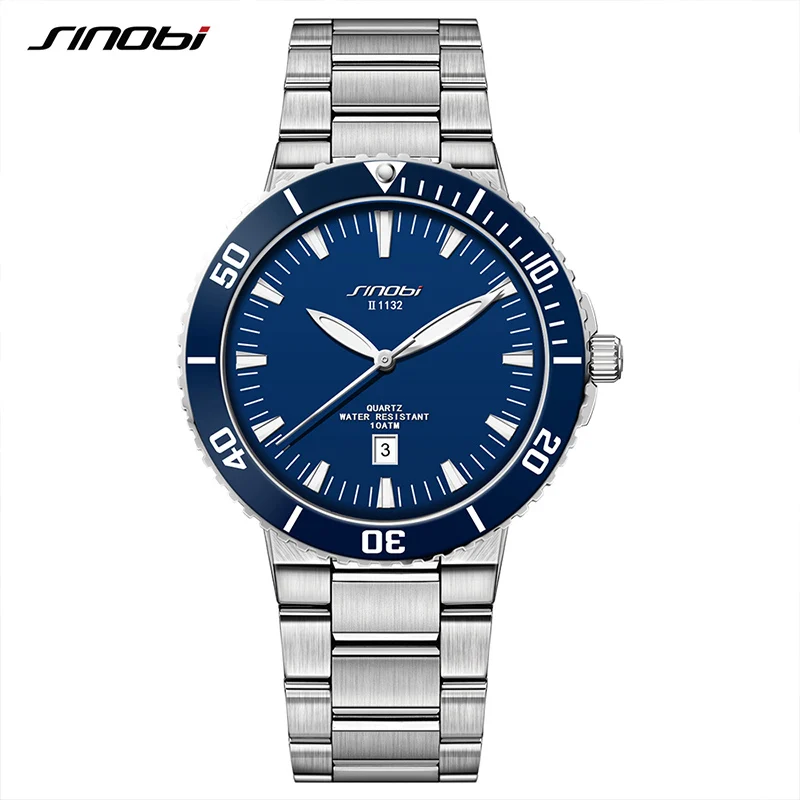 SINOBI Men Quartz Watch  Stainless Steel Watchband Luminous Pointer Analog Chronograph Calendar Wrist Watch Sports Men Watch