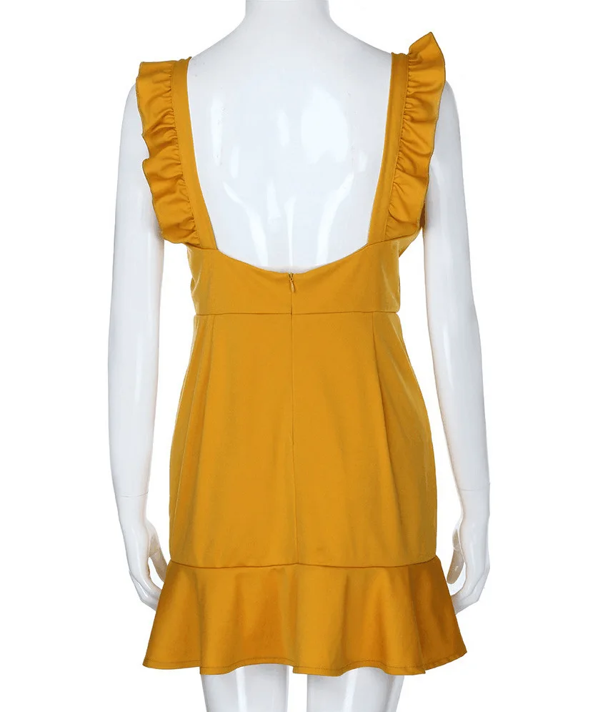 
Sexy Hot Sale Yellow Career Ruffled Fishtail Dresses Women Office Ladies Summer 