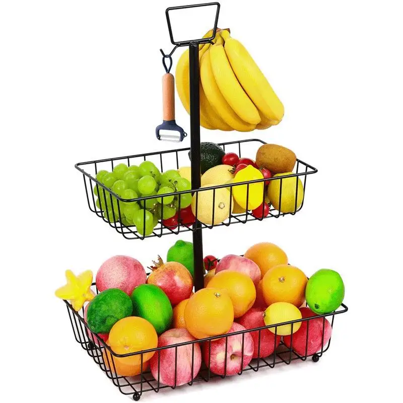 Detachable double metal fruit basket Countertop fruit drain basket with banana rack desktop snack storage basket
