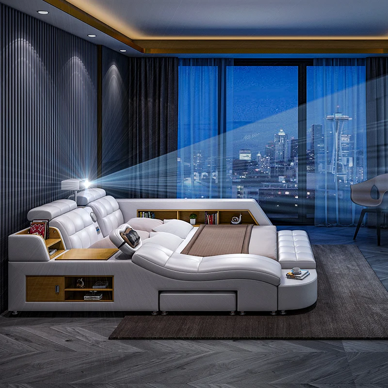 Luxury Modern Large Tatami Leather king Size Bed with Storage Massage Functions