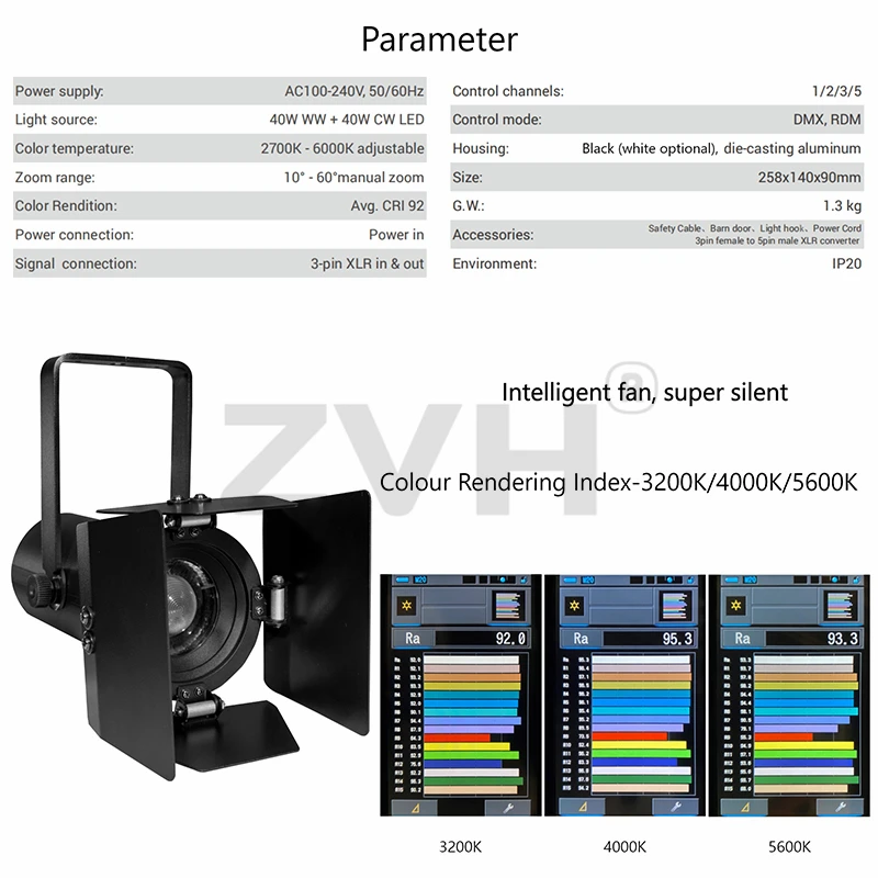 40W LED Fresnel Spotlight with Manual Zoom Bi-Color Black Aluminum House Spot DMX 1/2/3/5 Channel for Stage Lighting Gallery