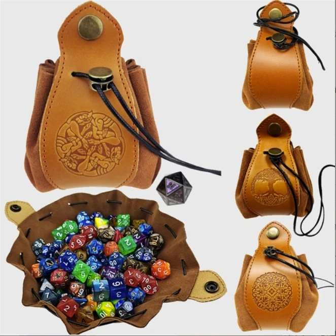 Highly Durable PU Leather Dice Pouch Drawstring Bag Folding Key Coin Dice Storage bag