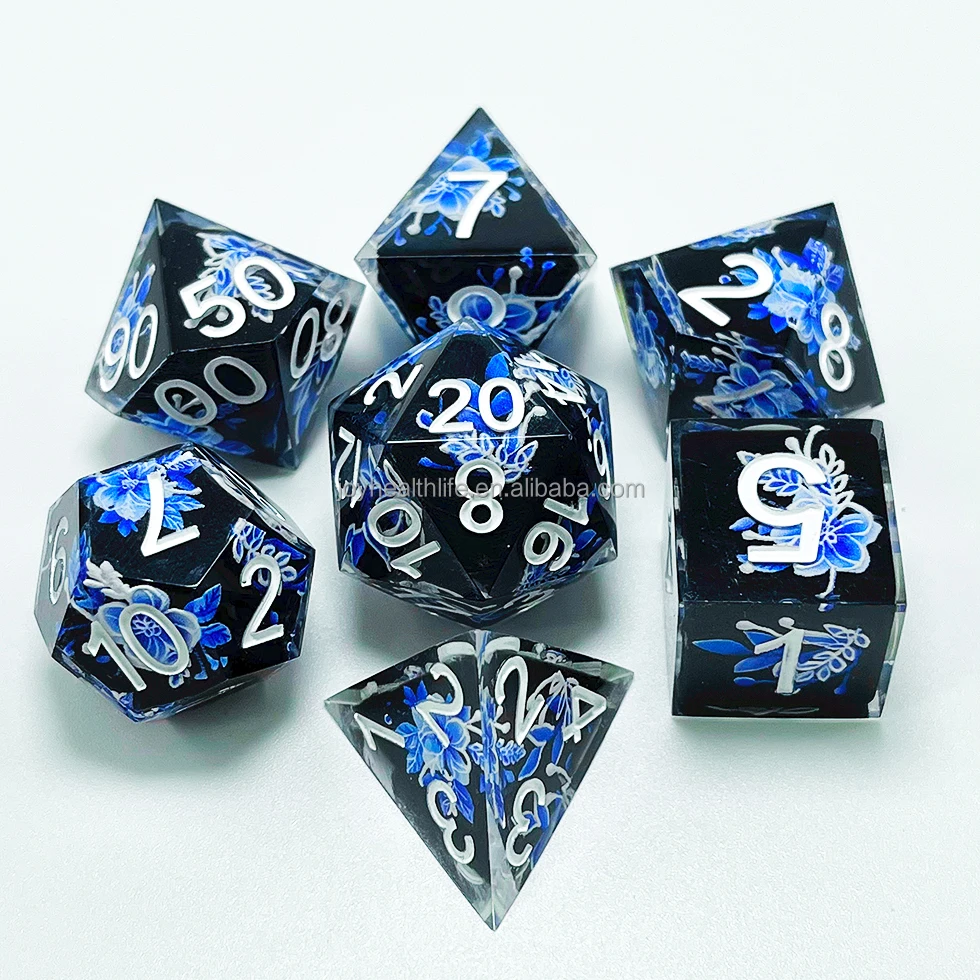Custom Adult Game Handmade Sharp Edge Dnd Polyhedral Dice Sets 7 Pcs Liquid Core Heart Filled Razor Handmade Sharp-edged Dice