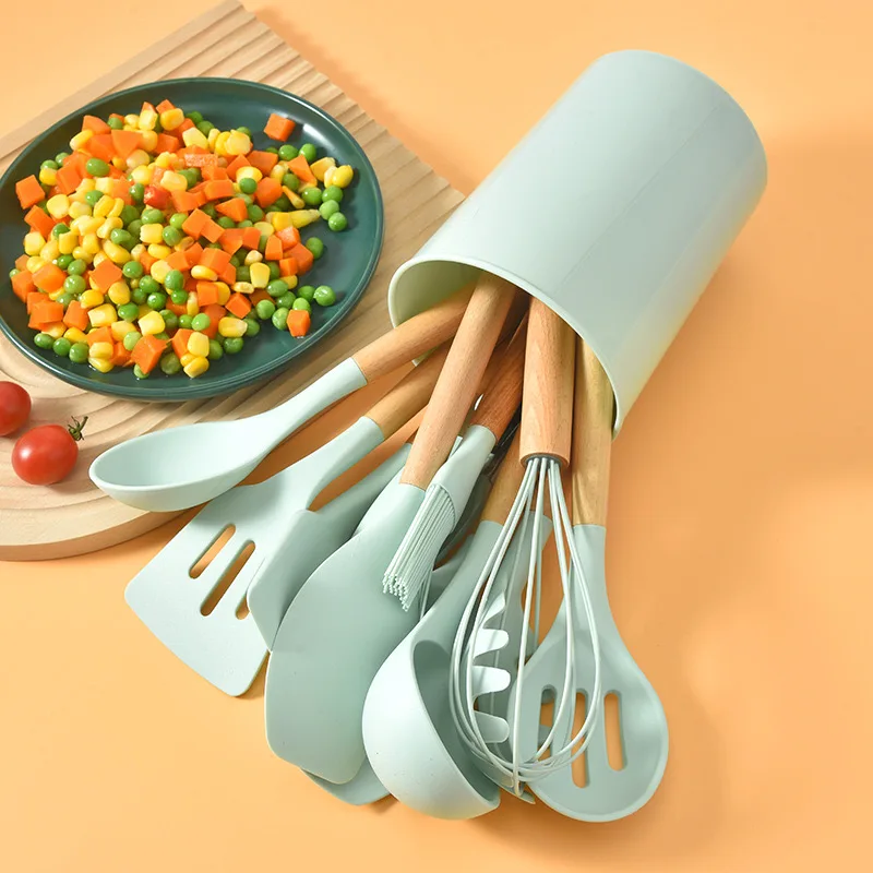 12pcs Food Grade Silicone Non-Stick Kitchenware Set Baking Spatula Spoon Wooden Handle Silicone Kitchen Utensils