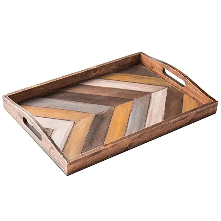 High quality cheap mygift Rustic village style Rectangular solid serving tray wood