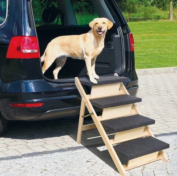 Wooden Dog Ramp with 4 Steps, Foldable Dog Stairs for High Beds Cars Couch, Durable