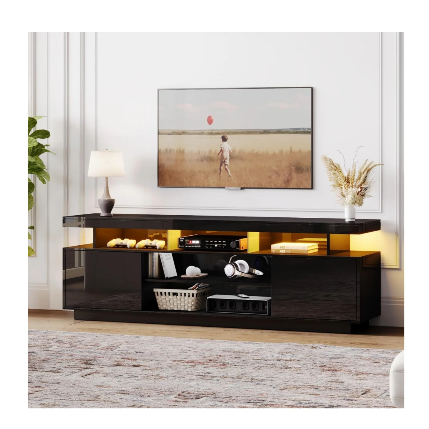 Black high gloss TV cabinet with 2 storage cabinets and 5 living room and bedroom shelves